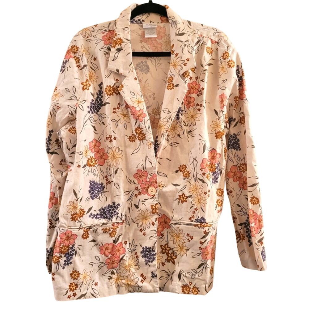 Vntg 80s Floral Linen Blend Blazer Spring Business Summer Boxy Blair Boutique L
